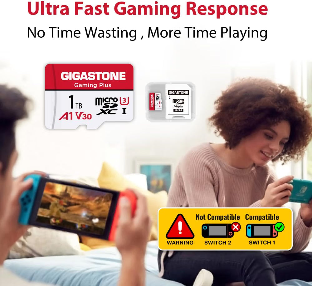 GIGASTONE 1TB Micro SD Card, Gaming Plus, Up to 150/120 MB/s, MicroSDXC Memory Card for Nintendo-Switch 1, SteamDeck, 4K UHD Video, UHS-I A1 V30 U3 C10 with Adapter