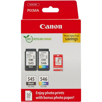 Canon PG-545/CL-546 Ink & Photo Paper Multipack – Genuine Cartridges (Black & Colour) + 50 Sheets 4x6 Photo Paper