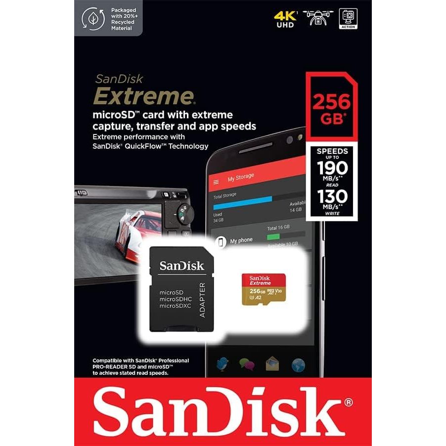 Buy Sandisk,SanDisk 256GB Extreme microSDXC card + SD adapter + RescuePRO Deluxe, up to 190MB/s, with A2 App Performance, UHS-I, Class 10, U3, V30, Black - Gadcet UK | UK | London | Scotland | Wales| Ireland | Near Me | Cheap | Pay In 3 | Memory Card