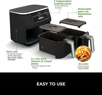 Buy Ninja,Ninja Foodi Dual Zone Digital Air Fryer, 2 Drawers, 7.6L, 6-in-1 Cooks 4-6 Portions, Non-Stick, Dishwasher Safe Baskets, Black - Gadcet UK | UK | London | Scotland | Wales| Ireland | Near Me | Cheap | Pay In 3 | AIR FRYER / GRILL