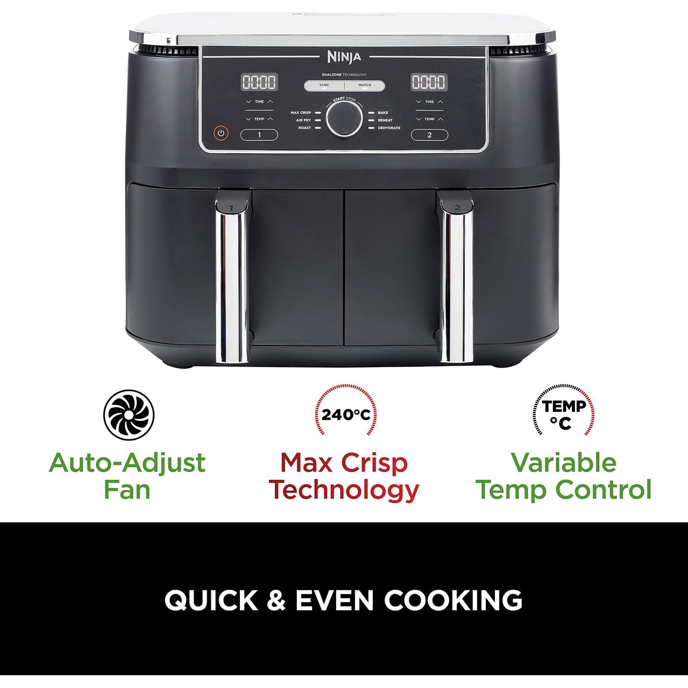 Ninja [AF400UK] Foodi MAX Dual Zone Digital Air Fryer, 2 Drawers, 9.5L, 6-in-1, Uses No Oil, Air Fry, Max Crisp, Roast, Bake, Reheat, Dehydrate, Cook 8 Portions, Non-Stick Dishwasher Safe Baskets [Black] - 2