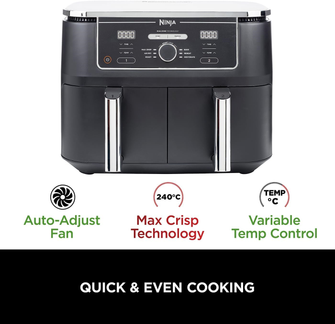 Ninja [AF400UK] Foodi MAX Dual Zone Digital Air Fryer, 2 Drawers, 9.5L, 6-in-1, Uses No Oil, Air Fry, Max Crisp, Roast, Bake, Reheat, Dehydrate, Cook 8 Portions, Non-Stick Dishwasher Safe Baskets [Black] - 2