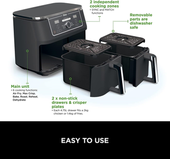 Ninja [AF400UK] Foodi MAX Dual Zone Digital Air Fryer, 2 Drawers, 9.5L, 6-in-1, Uses No Oil, Air Fry, Max Crisp, Roast, Bake, Reheat, Dehydrate, Cook 8 Portions, Non-Stick Dishwasher Safe Baskets [Black] - 3
