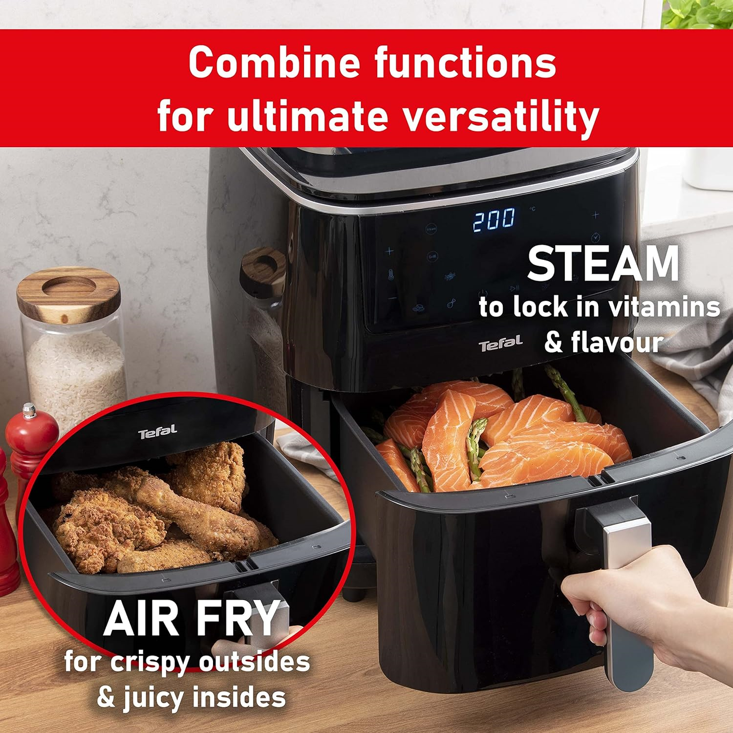 Tefal [FW201827] Easy Fry 3-in-1 XXL Digital Air Fryer, Grill and Steamer 6.2L Capacity 7 Programs inc Dehydrator [Black] 1700 W - 3