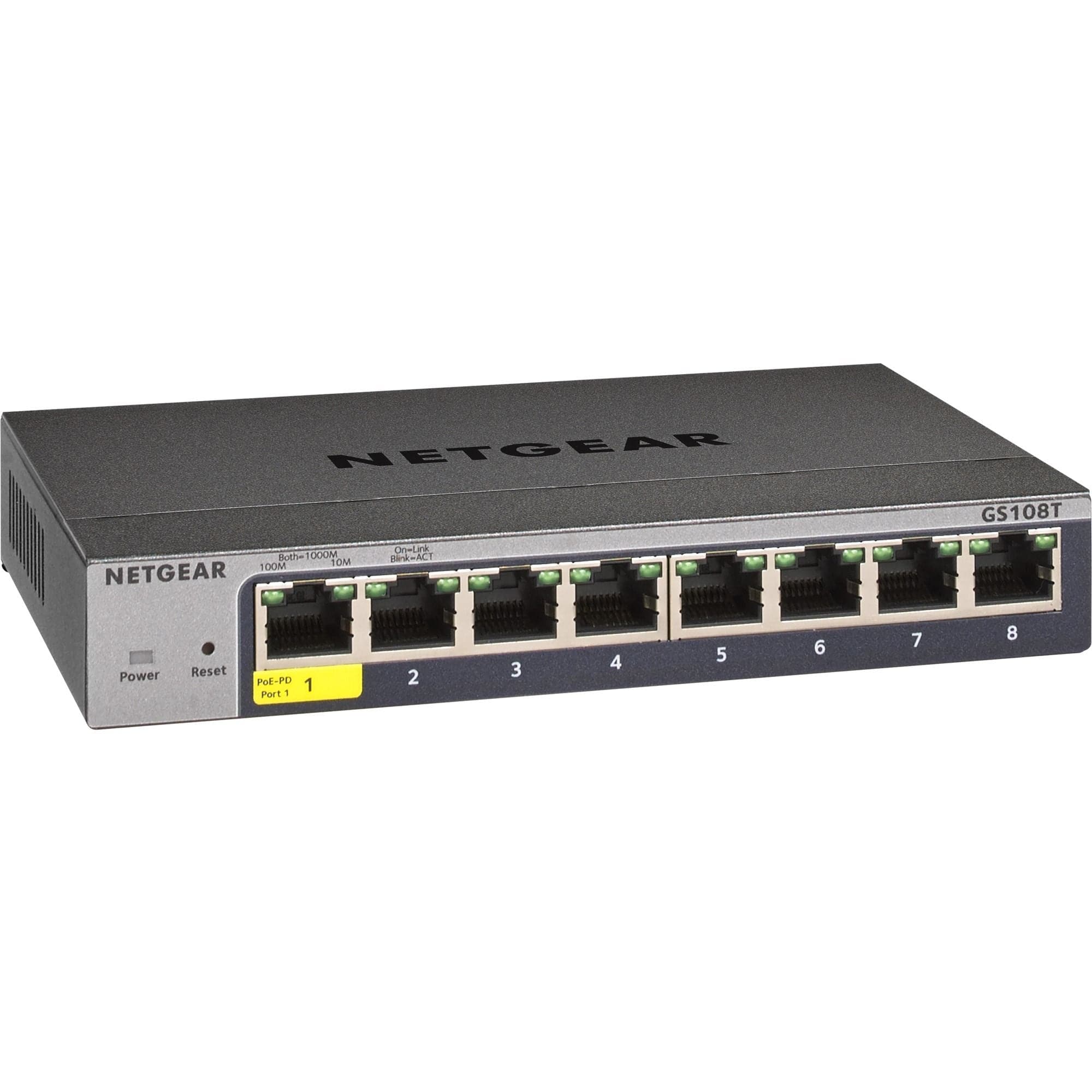 NETGEAR 8-Port Gigabit Ethernet Smart Switch (GS108T) - Managed, with 1 x PD port, Optional Insight Cloud Management, Desktop or Wall Mount, Silent Operation, and Limited Lifetime Protection - 1