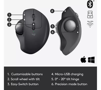 Logitech MX Ergo Wireless Trackball Mouse, Bluetooth Or 2.4GHz with Unifying USB-Receiver, Adjustable Trackball Angle, Precision Scroll-Wheel, USB-C Charging Battery, PC/ Mac/ iPad OS - Black - 6