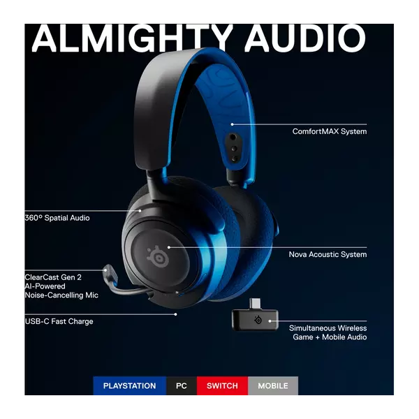 SteelSeries Arctis Nova 7P PS, PC, Switch Gaming Headset [Black & Blue] - 10