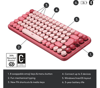 Logitech Pop Keys keyboard RF Wireless + Bluetooth QWERTY UK English Burgundy, Pink, Rose - 2