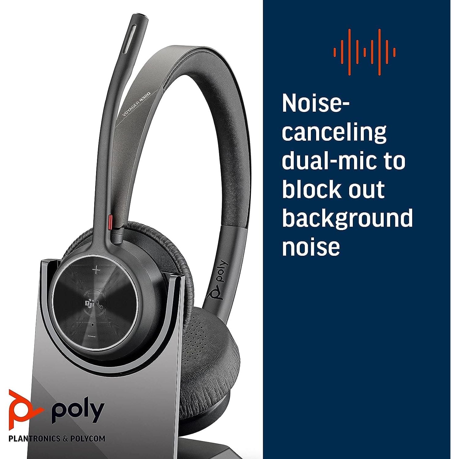 Poly - Voyager 4320 UC Wireless Headset + Charge Stand (Plantronics) - Headphones w/ Mic - Connect to PC/Mac via USB-A Bluetooth Adapter, Cell Phone via Bluetooth-Works w/ Teams (Certified), Zoom&More - 4