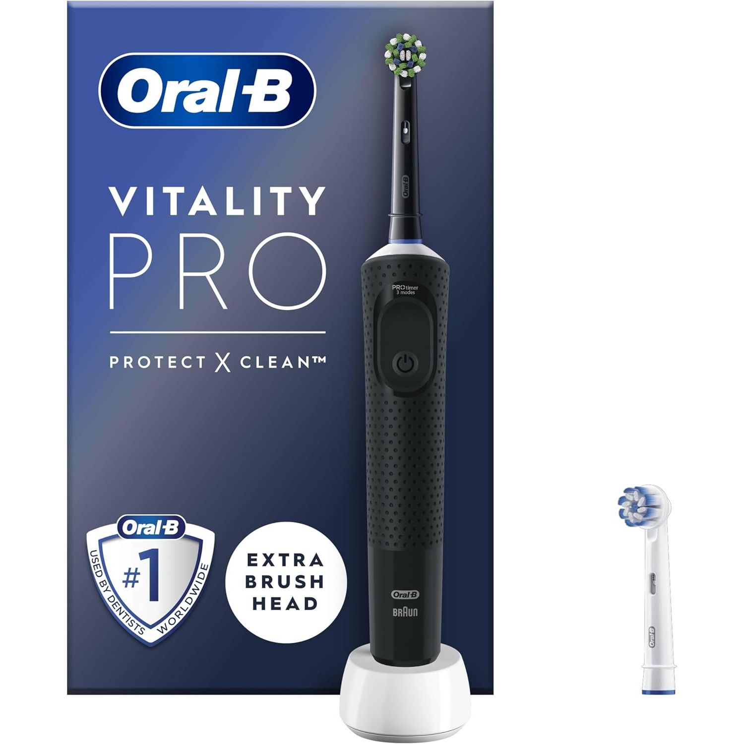 Oral-B Vitality Pro Electric Toothbrush For Adults, Gifts For Him / Her, 1 Handle, 2 Toothbrush Heads, 3 Brushing Modes Including Sensitive Plus - Black - 1