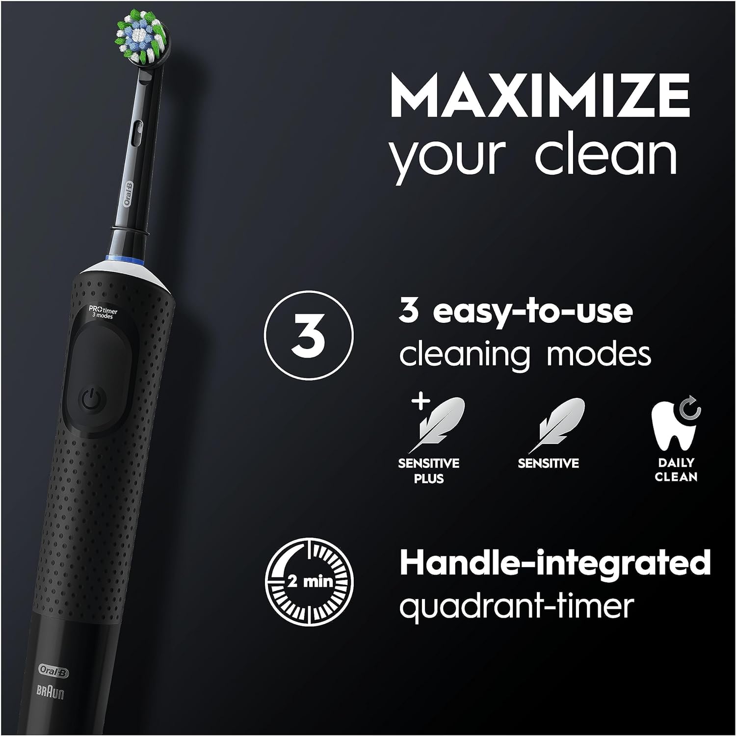 Oral-B Vitality Pro Electric Toothbrush For Adults, Gifts For Him / Her, 1 Handle, 2 Toothbrush Heads, 3 Brushing Modes Including Sensitive Plus - Black - 3