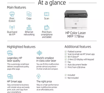 HP MFP 178nw AirPrint All-in-One Wireless Laser Colour Printer - White - 9