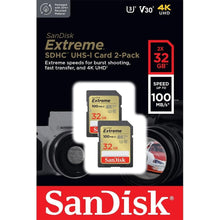 SanDisk 32GB Extreme SDHC cards (2-pack) + RescuePRO Deluxe, up to 100MB/s, Class 10, U3, V30, 4K UHD - 2