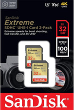 SanDisk 32GB Extreme SDHC cards (2-pack) + RescuePRO Deluxe, up to 100MB/s, Class 10, U3, V30, 4K UHD - 2