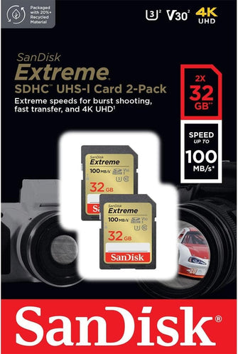 SanDisk 32GB Extreme SDHC cards (2-pack) + RescuePRO Deluxe, up to 100MB/s, Class 10, U3, V30, 4K UHD - 2