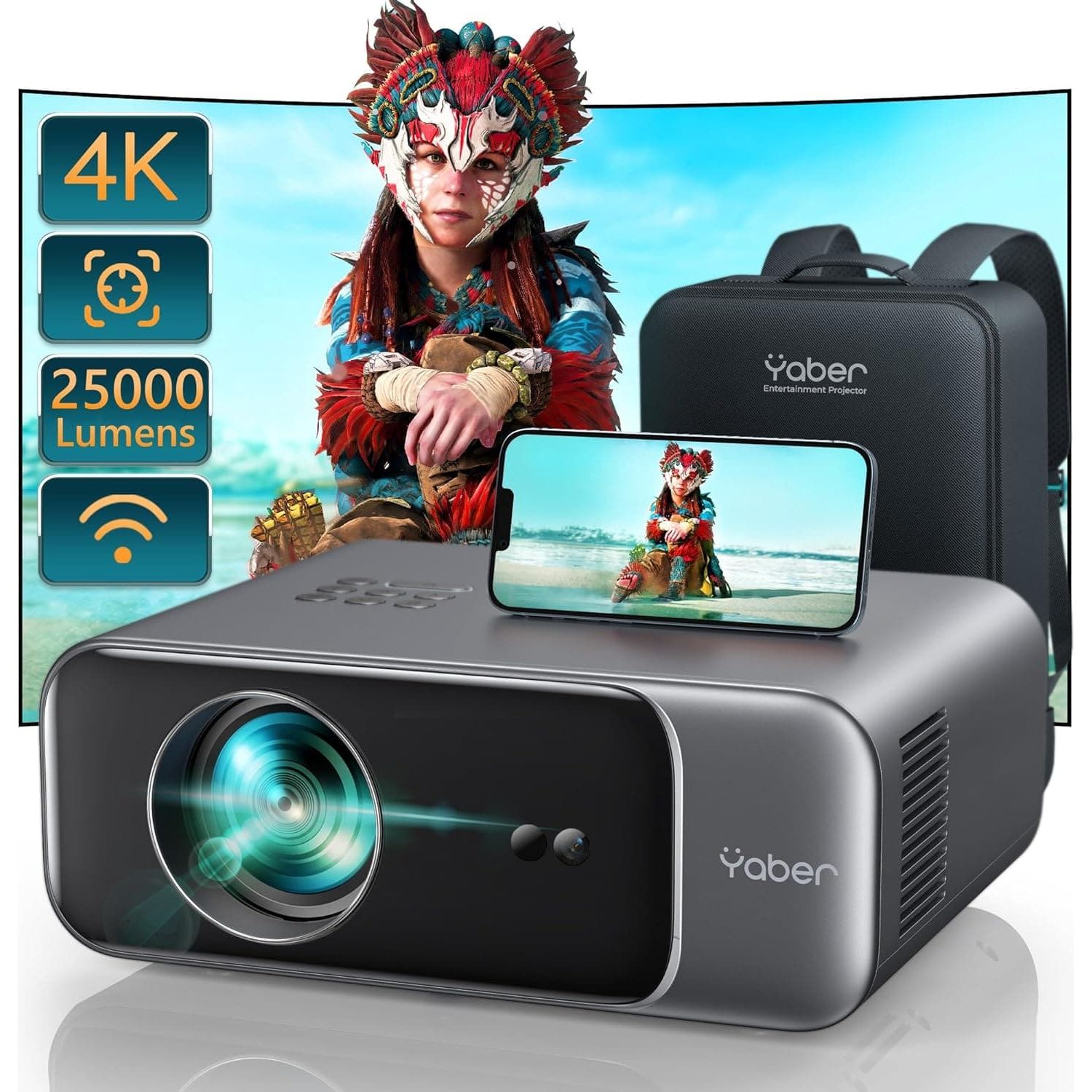 YABER PRO V9 Projector 4K, 25000 Lumens FHD 1080P Portable Projector, WiFi6 Bluetooth 5.2 Projector, Smart Projector, Home Cinema Projector for Smartphone/TV Stick/PPT - 1
