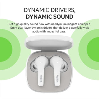 Belkin SOUNDFORM Flow True Wireless Earbuds with Active Noise Cancellation, Bluetooth Earphones with Wireless Charging, IPX5 Sweat and Water Resistant, 31H Play Time, for iPhone, Galaxy, Pixel - White - 6