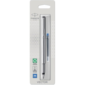 Parker Vector Fountain Pen | Stainless Steel with Chrome Trim | Medium Nib | Blue Ink - 1