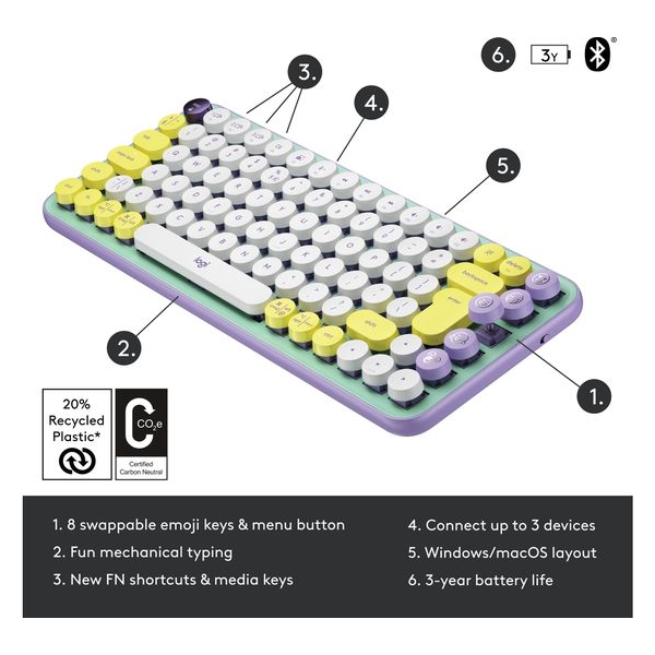 Logitech POP Keys Mechanical Wireless Keyboard with Customisable Emoji Keys, Durable Compact Design, Bluetooth or USB Connectivity, Multi-Device, OS Compatible - Daydream - 2