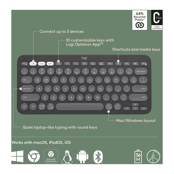 LOGITECH Pebble Keys 2 K380S Wireless Keyboard - Black - 4