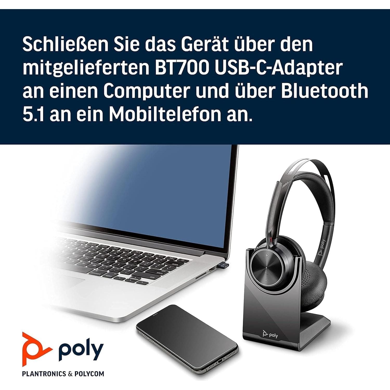 Poly - Voyager Focus 2 UC USB-C Headset with Stand (Plantronics) - Bluetooth Dual-Ear (Stereo) Headset with Boom Mic - USB-C PC/Mac Compatible - Active Noise Canceling - Works with Teams, Zoom & more - 7