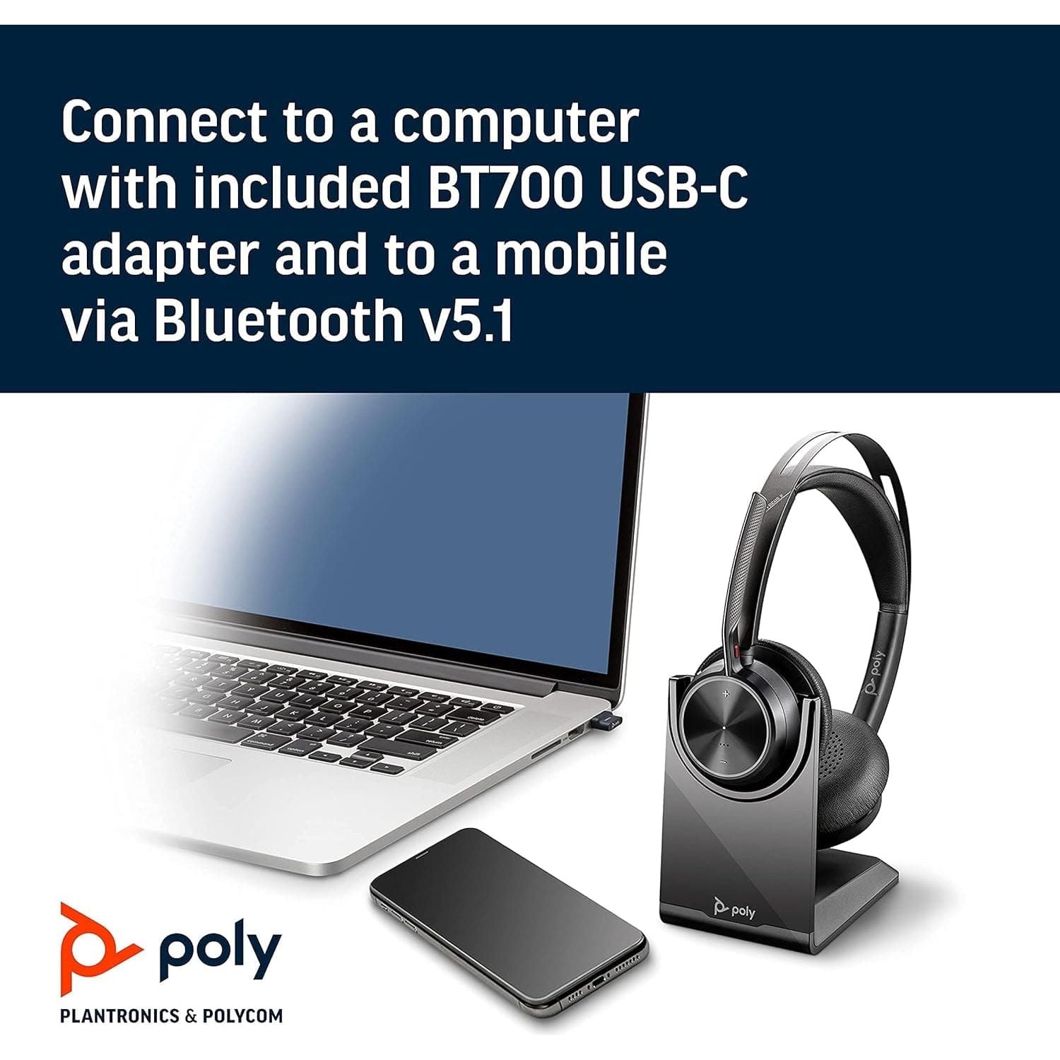 Poly - Voyager Focus 2 UC USB-C Headset with Stand (Plantronics) - Bluetooth Dual-Ear (Stereo) Headset with Boom Mic - USB-C PC/Mac Compatible - Active Noise Canceling - Works with Teams, Zoom & more - 6