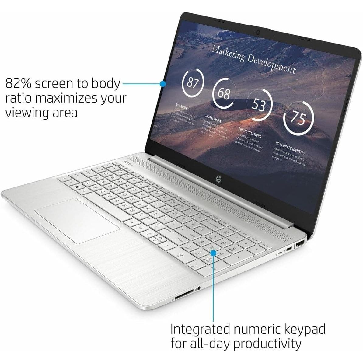 HP Laptop PC 15s-fq0028na - Intel Pentium Silver N5030 Processor - 4GB RAM - 128GB SSD - 15.6 inch HD display - Windows 11 Home - Natural Silver - 8
