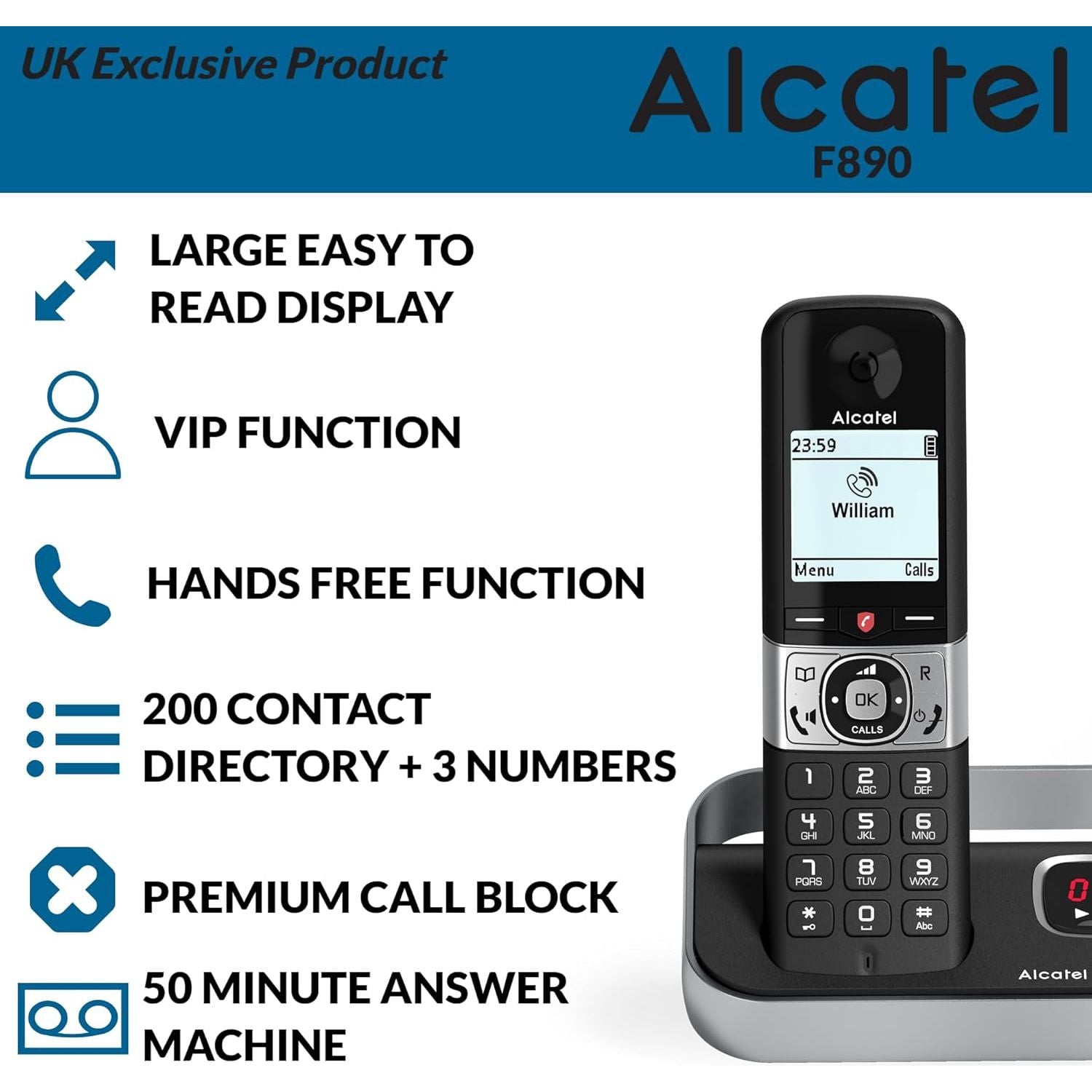 Alcatel F890 Voice Trio - Cordless Phone with answering machine and 3 Handsets - Landline Home Phones - Call Blocking Telephones - 4
