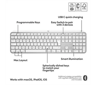 LOGITECH MX Keys S for Mac Wireless Keyboard - Pale Grey - 3