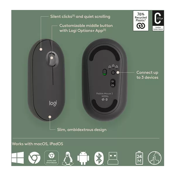 LOGITECH Pebble 2 Combo Wireless Keyboard & Mouse Set - Graphite - 5