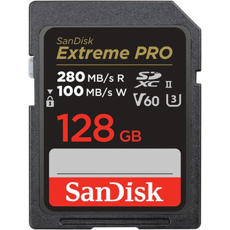 SanDisk 128GB Extreme PRO SDXC card, SD Card, V60 Memory card, 6K & 4K UHD, up to 280 MB/s, Shock, Temperature, Water and X-Ray Proof, RescuePro Deluxe data recovery software, UHS-II, Class 10, U3 - 1