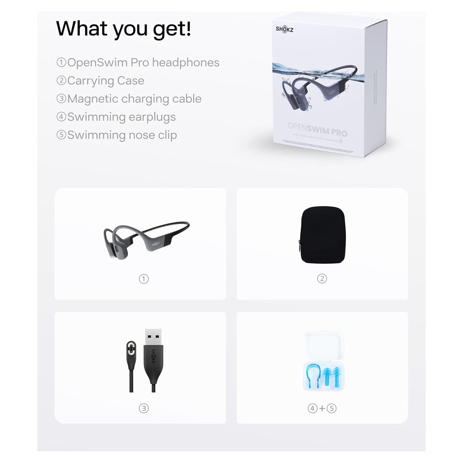 SHOKZ OpenSwim Pro Bone Conduction Sports Headphones, IP68 Waterproof Open-Ear Wireless Earphones with Bluetooth 5.4, 32GB of MP3 Storage, Noise Canceling Mics, 9h Playtime for Running, Swimming, Grey  - 8