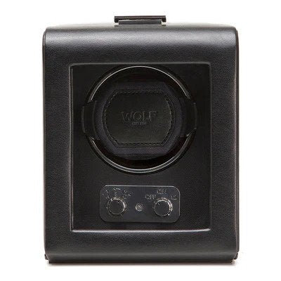 WOLF Wolf Heritage Single Winder 270002Wolf Heritage Single Winder with Glass Cover, Black - Secure Fit with Patented Lock-in Dynamic Cuff - for Bigger, Heavier Watches - Vegan Leather - Includes Universal Adapter - 1