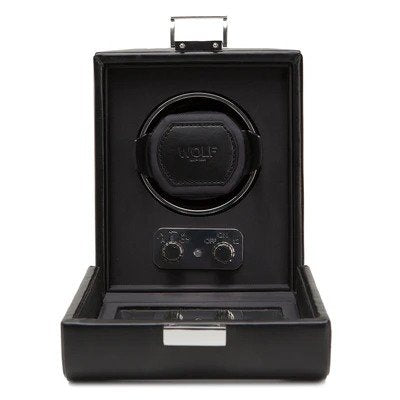 WOLF Wolf Heritage Single Winder 270002Wolf Heritage Single Winder with Glass Cover, Black - Secure Fit with Patented Lock-in Dynamic Cuff - for Bigger, Heavier Watches - Vegan Leather - Includes Universal Adapter - 2