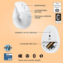 Logitech Lift Vertical Ergonomic Mouse, Wireless, Bluetooth or Logi Bolt USB receiver, Quiet clicks, 4 buttons, compatible with Windows/macOS/iPadOS, Laptop, PC - White - 5