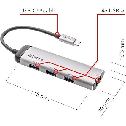 Verbatim USB-C Multiport Hub – 4-Port USB 3.2 Gen 1 Adapter - Silver - 6