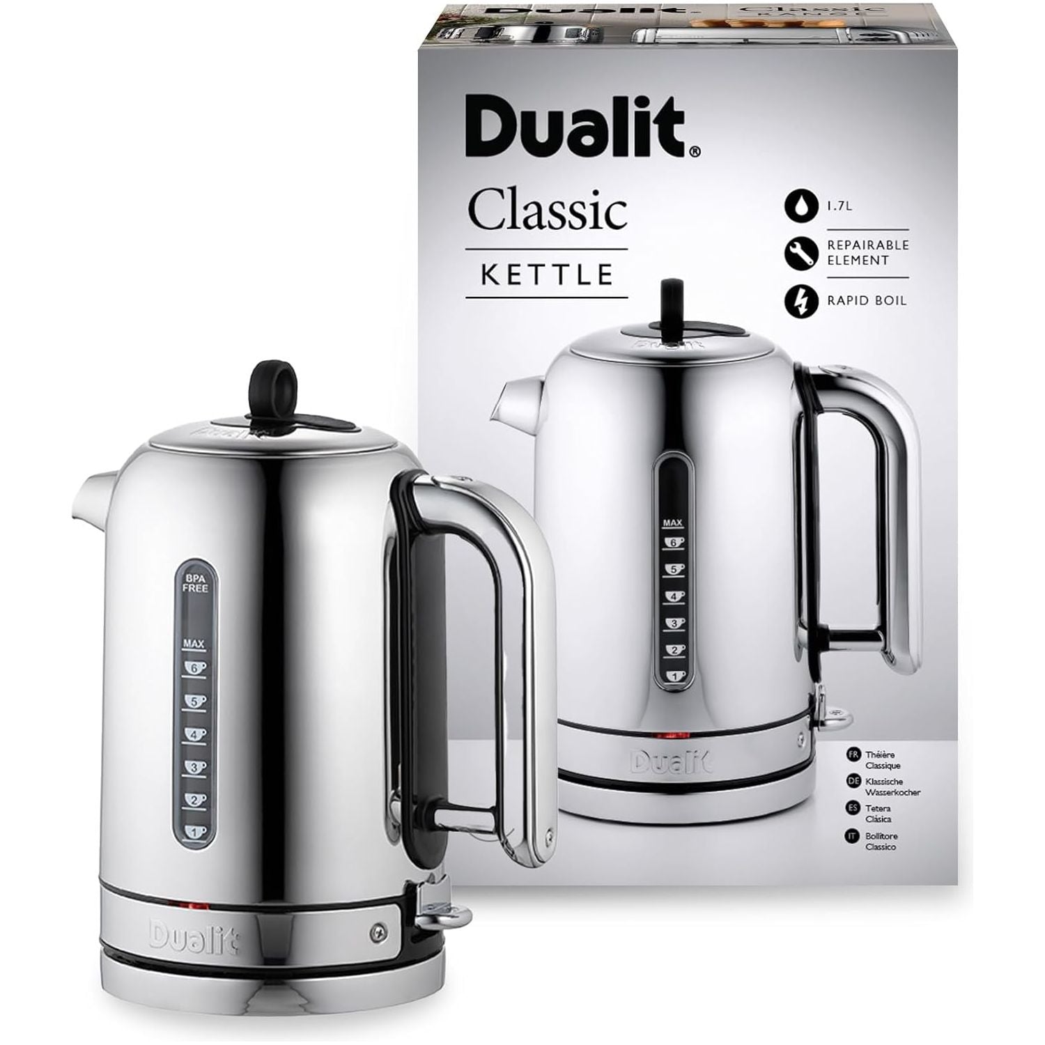 Buy Gadcet Dagenham,Dualit Classic Kettle 72835 – 1.7L, Polished Stainless Steel, Quiet Boil, 90s Boil Time - Black/Silver, EU Plug with UK Adapter - Gadcet UK | UK | London | Scotland | Wales| Near Me | Cheap | Pay In 3 | Kettle