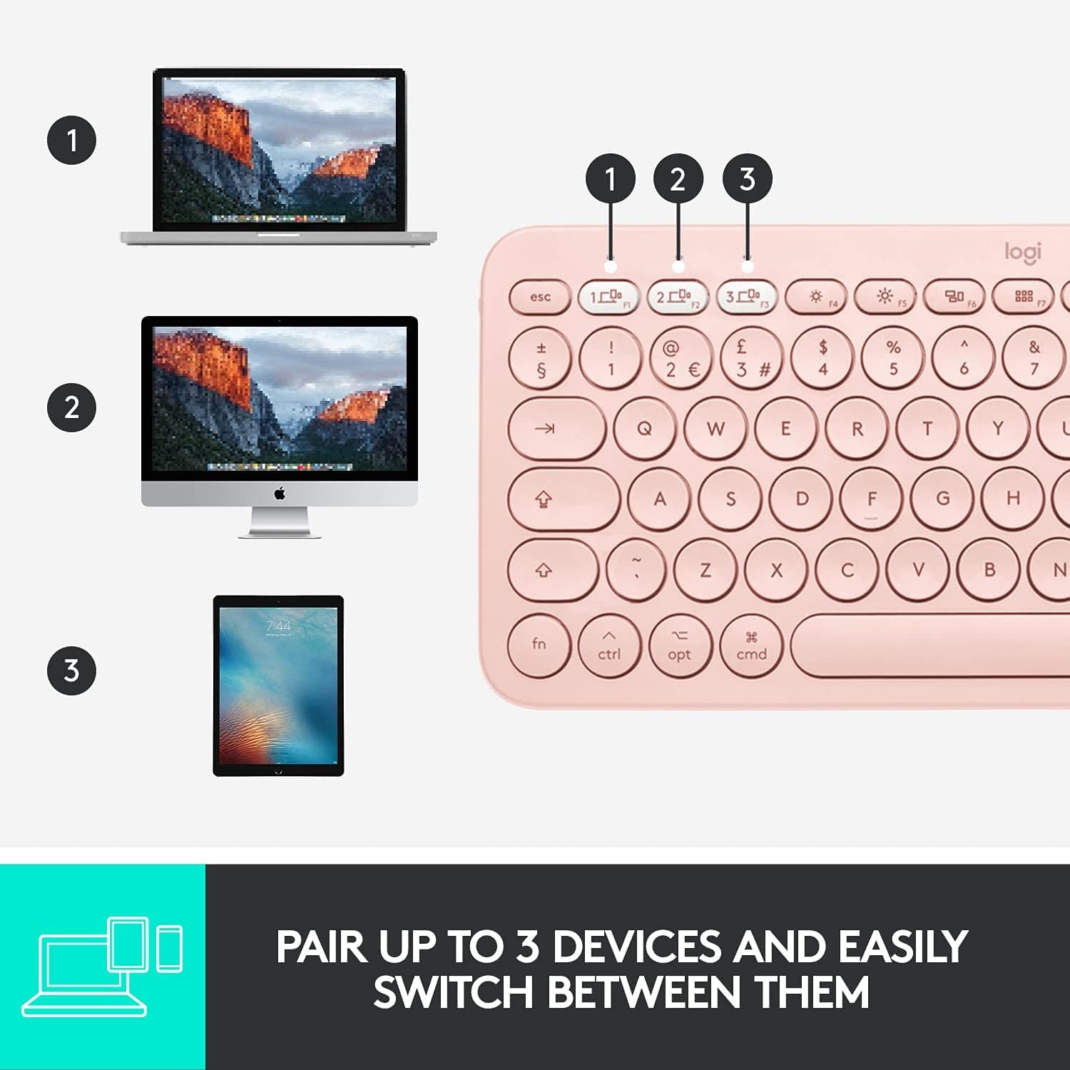 Buy Logitech,Logitech K380 Multi-Device Bluetooth Keyboard for Mac with Compact Slim Profile, Easy-Switch up to 3 Devices, Scissor Keys, 2 Year Battery, macOS/iOS/iPadOS, QWERTY UK English Layout - Rose - Gadcet  | UK | London | Scotland | Wales| Near Me | Cheap | Pay In 3 | Keyboard & Mouse