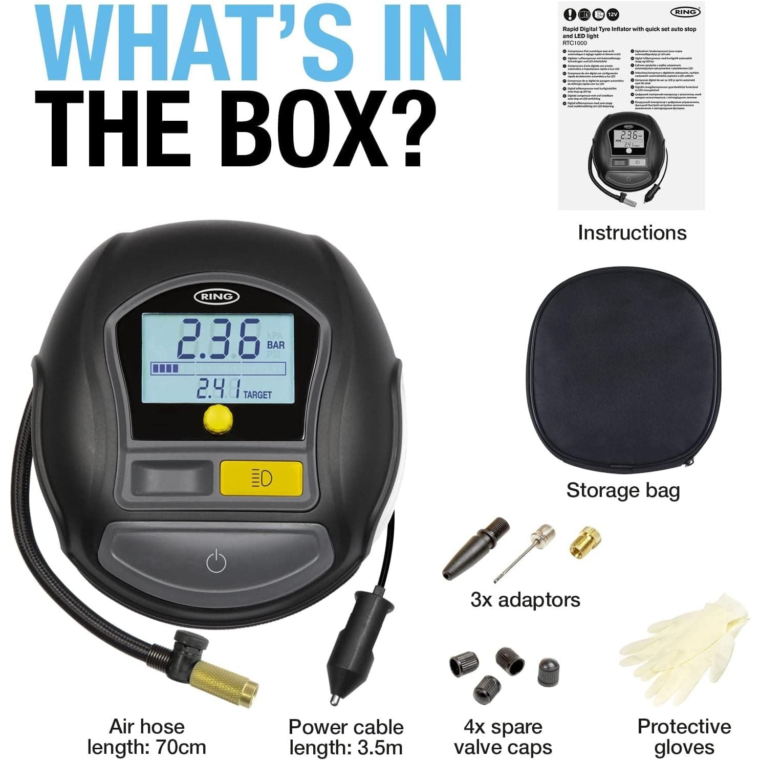 Buy Ring,Ring Automotive - RTC1000 12V rapid tyre inflator air compressor car pump with preset digital pressure gauge, memory function, 2 min inflation, LED light, carry case, valve adaptor kit - Gadcet UK | UK | London | Scotland | Wales| Near Me | Cheap | Pay In 3 | Motorcycles & Scooters