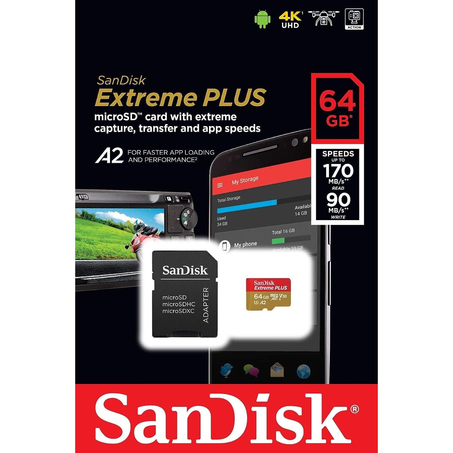 Buy Sandisk,SanDisk Extreme PLUS 64 GB microSDXC Memory Card + SD Adapter with A2 App Performance up to 170 MB/s, Class 10, U3, V30 - Gadcet UK | UK | London | Scotland | Wales| Near Me | Cheap | Pay In 3 | Flash Memory Cards