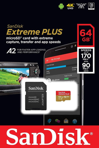 Buy Sandisk,SanDisk Extreme PLUS 64 GB microSDXC Memory Card + SD Adapter with A2 App Performance up to 170 MB/s, Class 10, U3, V30 - Gadcet UK | UK | London | Scotland | Wales| Near Me | Cheap | Pay In 3 | Flash Memory Cards