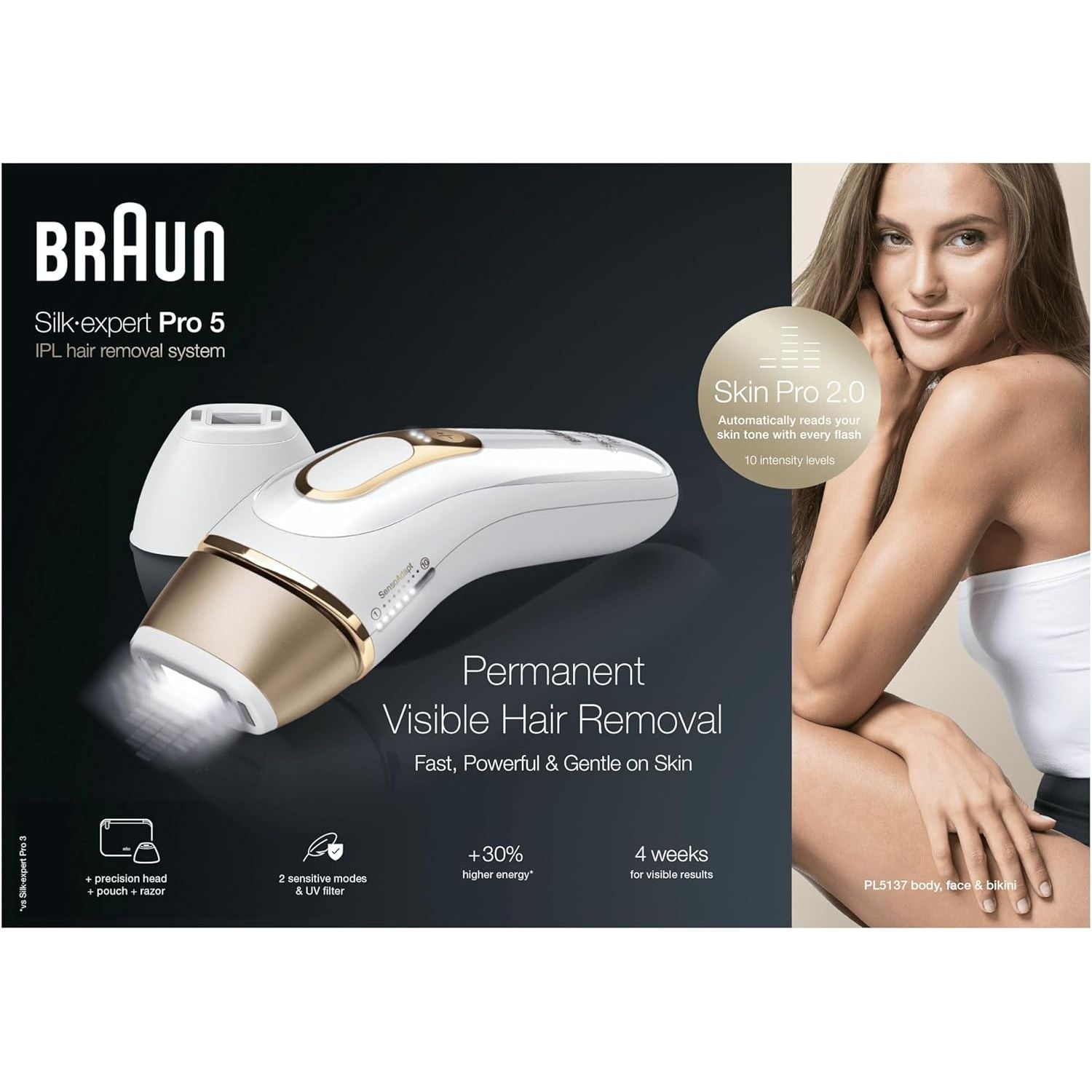 Buy Braun,Braun IPL Silk Expert Pro 5 Hair Removal - Permanent Hair Removal for Women & Men, 400,000 Flashes, Venus Razor, Premium Pouch, PL5137, White/Gold - Gadcet UK | UK | London | Scotland | Wales| Near Me | Cheap | Pay In 3 | Hair Removal