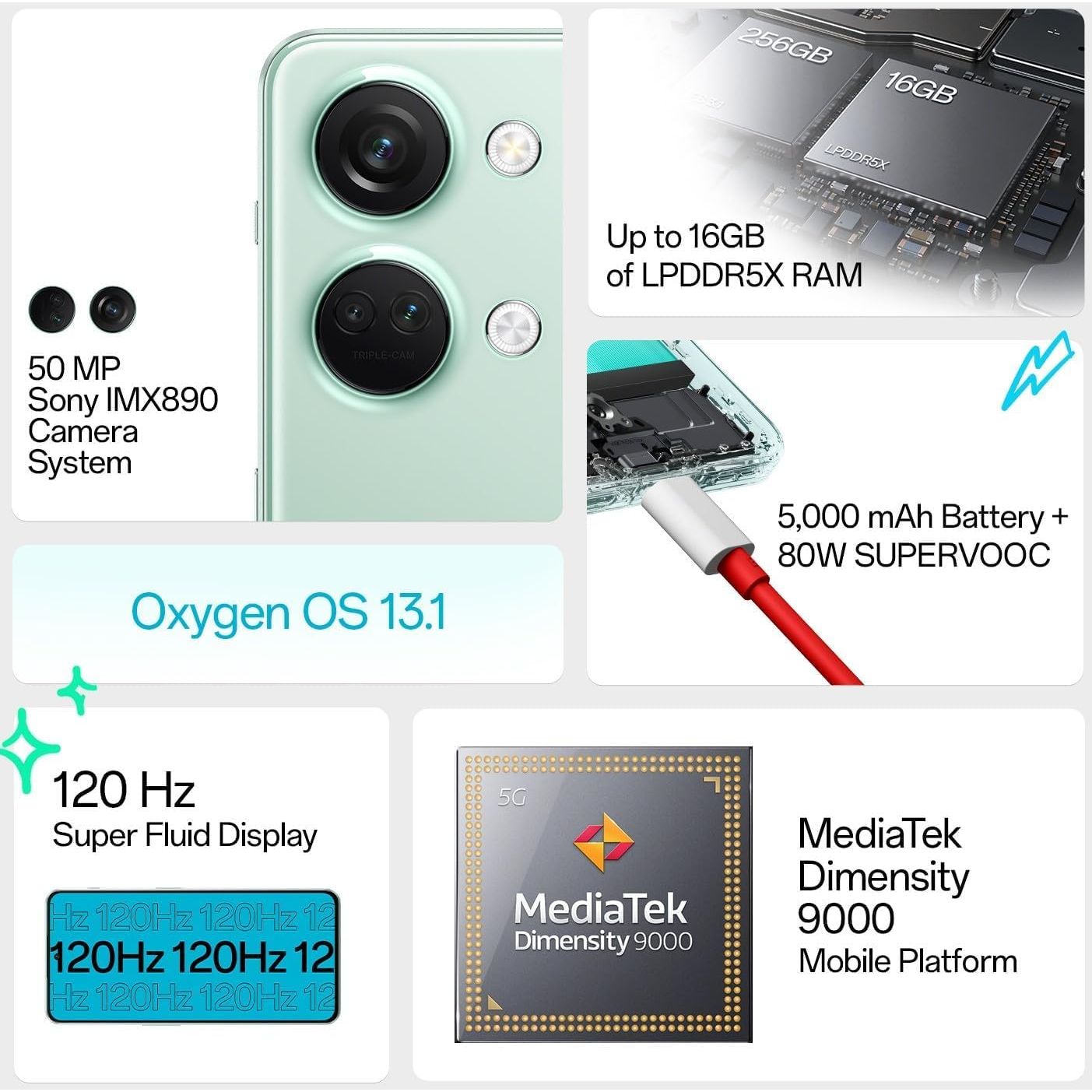 OnePlus Nord 3 5G 256GB Smartphone – 16GB RAM, 6.74" 120Hz AMOLED, Dimensity 9000, 50MP OIS Camera, 80W SUPERVOOC – Misty Green
