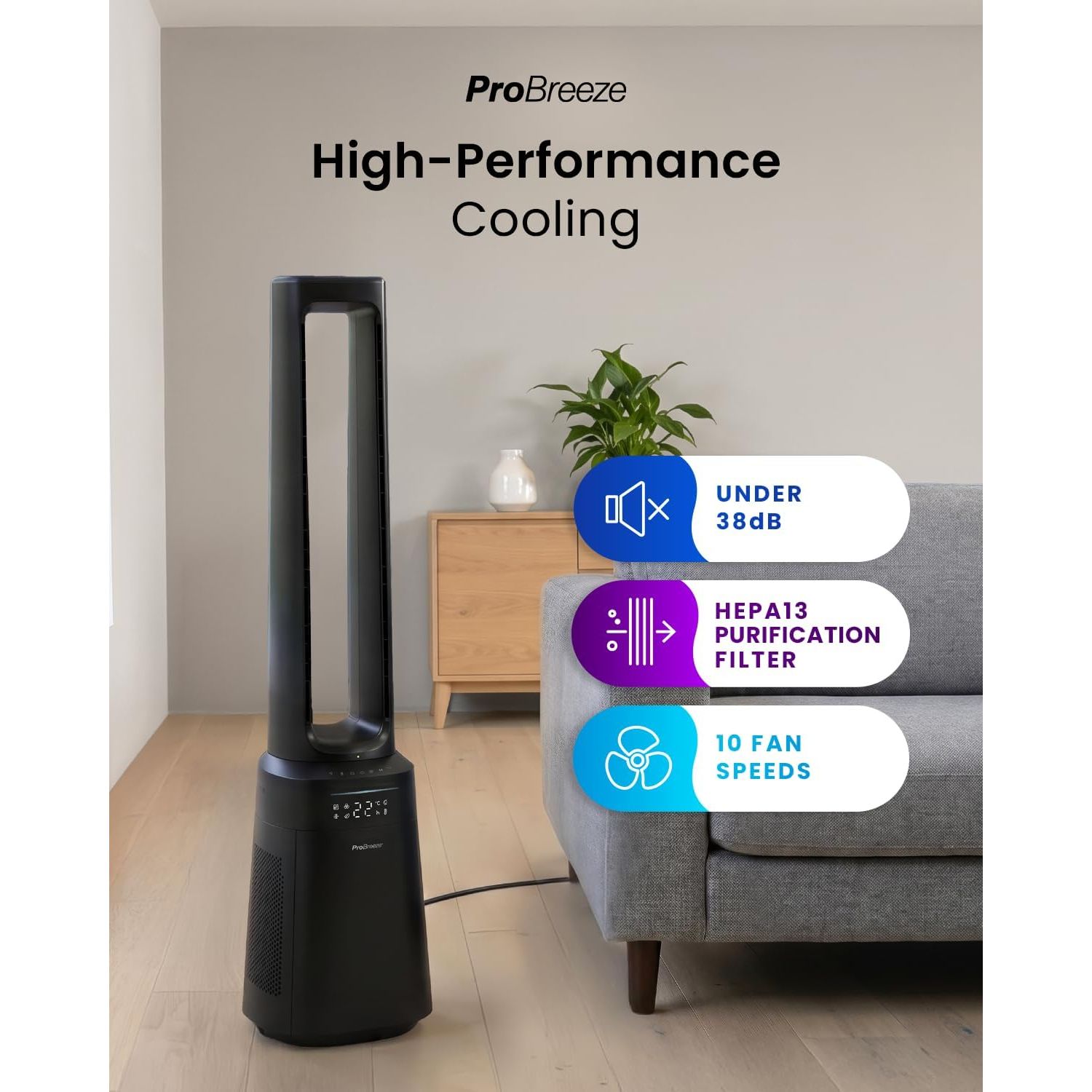 Buy Pro Breeze,Pro Breeze 41" Bladeless Tower Fan with Air Purifier Black EU – Ultra Quiet Portable Standing Fan with HEPA13 Filter, Remote Control, LED Display & 10 Speeds - Gadcet UK | UK | London | Scotland | Wales| Near Me | Cheap | Pay In 3 | Tower Fans