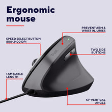 Buy Trust,Trust Yuno Ergonomic Wired Vertical Mouse – Right-Handed, 1.5m USB Cable, 800-2400 DPI, Optical Sensor, 6 Buttons, 60% Recycled Plastic – Black - Gadcet UK | UK | London | Scotland | Wales| Near Me | Cheap | Pay In 3 | Keyboard & Mouse