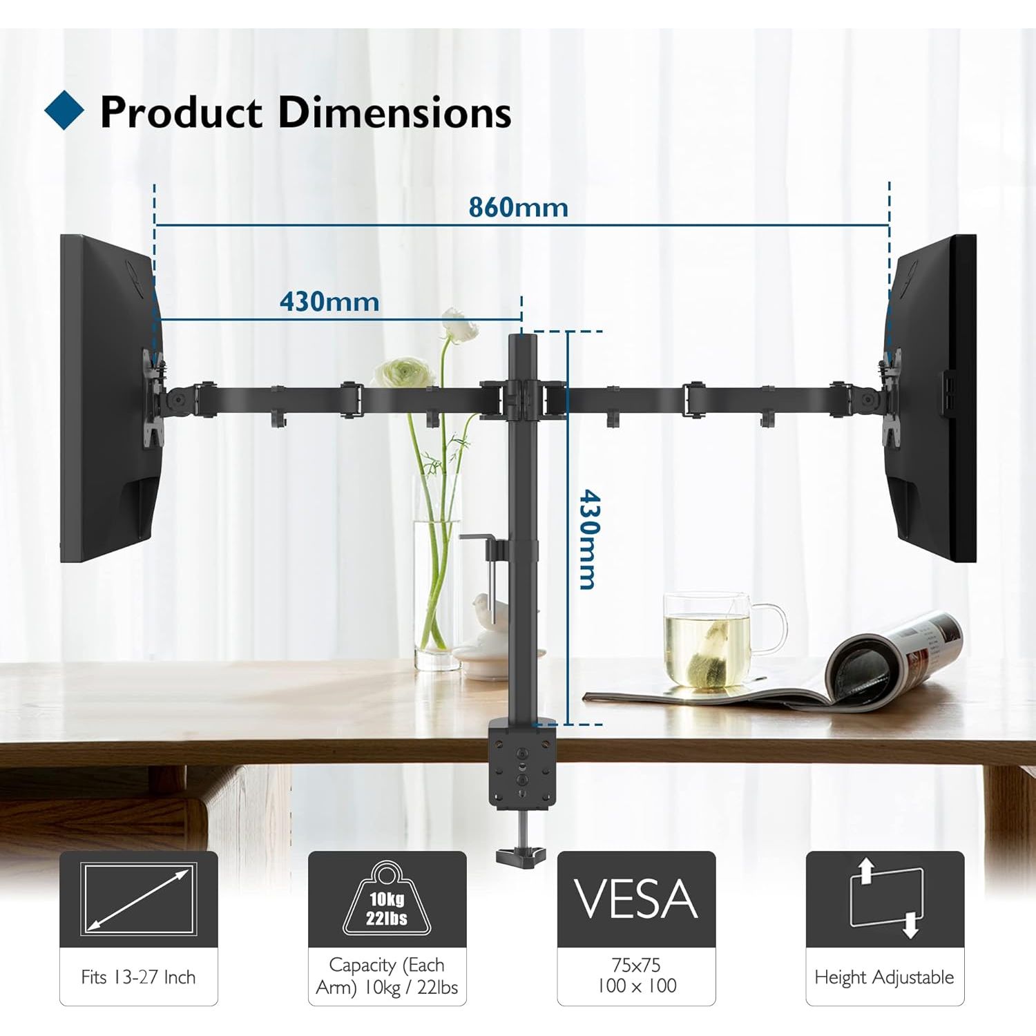 Buy Bontec,BONTEC Dual Monitor Arm Desk Mount – Adjustable Full Motion Stand for 13–27″ Screens (Black) - Gadcet UK | UK | London | Scotland | Wales| Near Me | Cheap | Pay In 3 | Computer Monitor Accessories