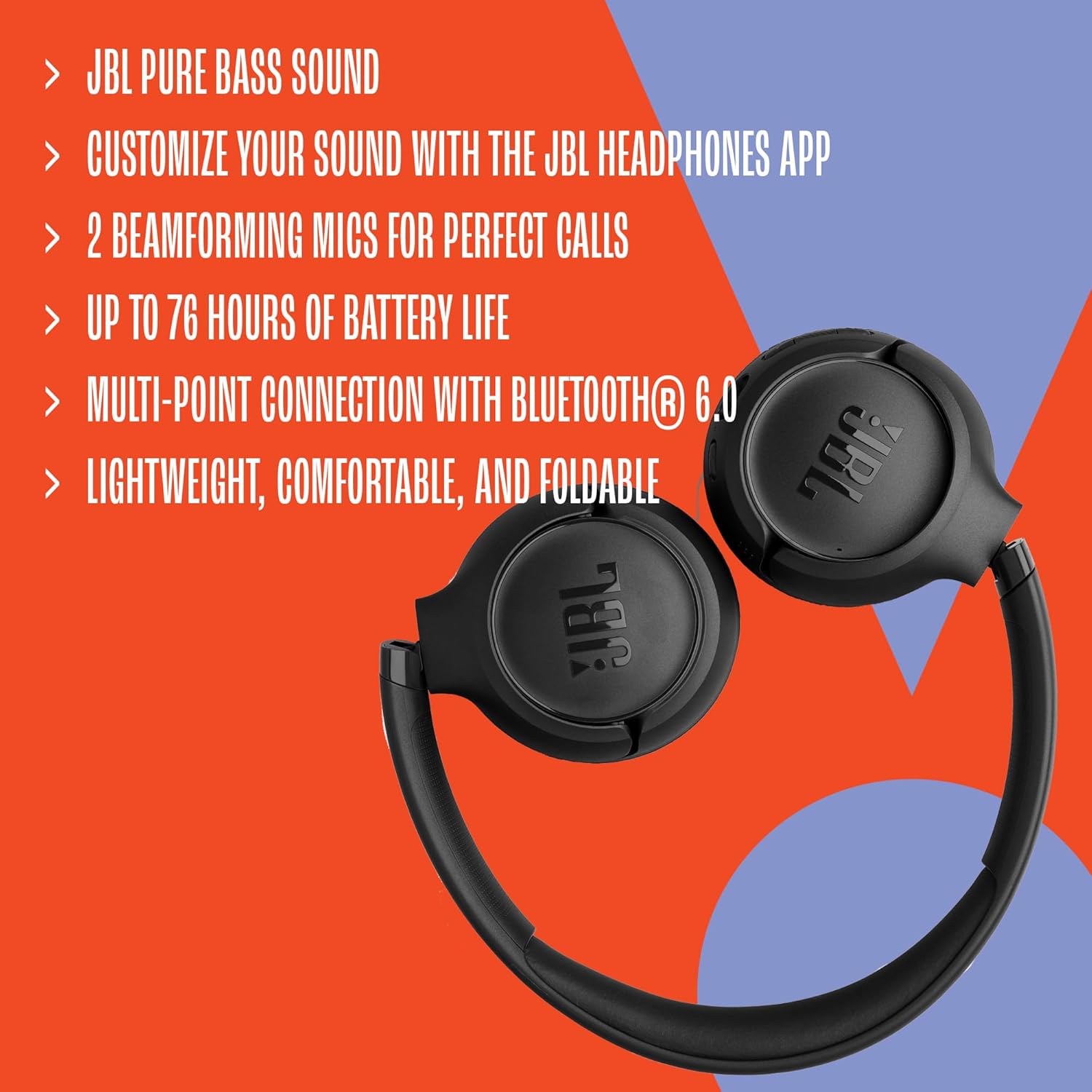 JBL Tune 530BT Wireless On-Ear Headphones with Bluetooth, Blue | Multi-point connection with Bluetooth 6.0, 76-Hour Battery Life, Google Fast Pair and Microsoft Swift Pair, Foldable Design