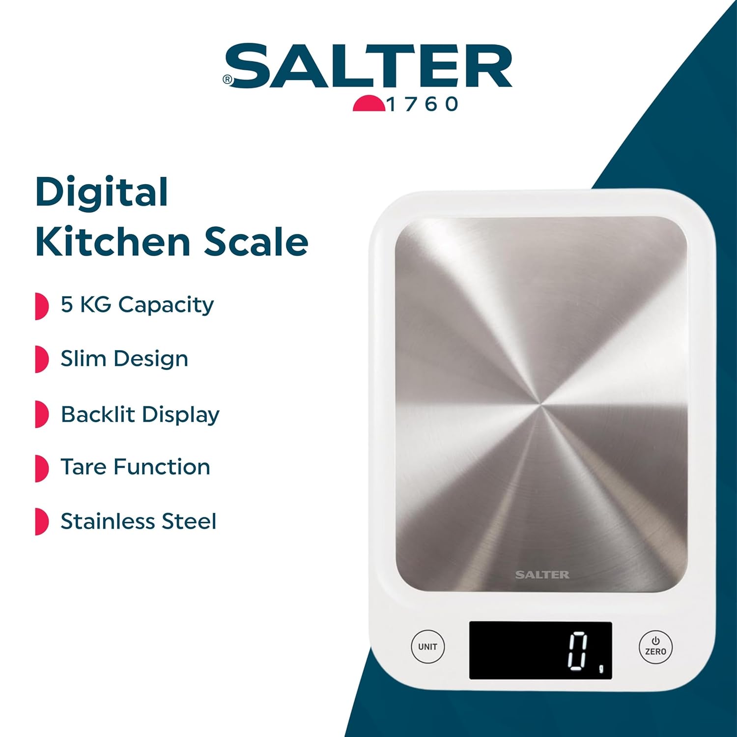 Buy Salter,Salter 1105 SSWHDR Stainless Steel Electronic Kitchen Scale – 5kg Capacity, Slim Digital Design (White) - Gadcet UK | UK | London | Scotland | Wales| Near Me | Cheap | Pay In 3 | Weighing Scale