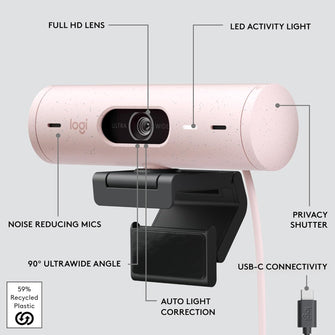 Logitech Brio 500 Full HD Webcam – Auto Light Correction, Dual Mics, Privacy Cover, USB-C, Pink