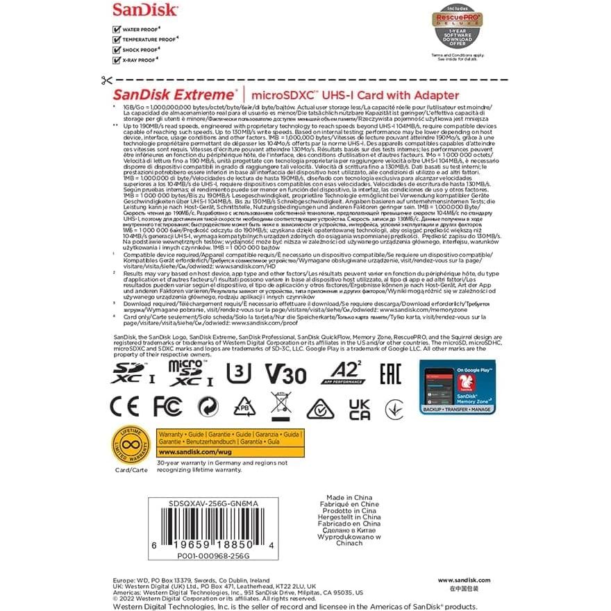 Buy Sandisk,SanDisk 256GB Extreme microSDXC card + SD adapter + RescuePRO Deluxe, up to 190MB/s, with A2 App Performance, UHS-I, Class 10, U3, V30, Black - Gadcet UK | UK | London | Scotland | Wales| Ireland | Near Me | Cheap | Pay In 3 | Memory Card